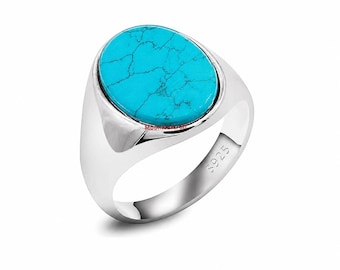 Anillo de sello ovalado de turquesa en plata de ley para hombre, joyería minimalista llamativa.