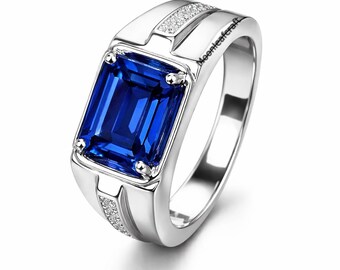 Anillo de zafiro azul para hombre, anillo llamativo de talla esmeralda, regalo de boda en plata de ley 925