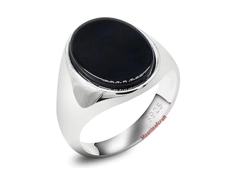 Anillo de sello para hombre con ónix negro, piedra ovalada de plata de ley, joyería minimalista llamativa.