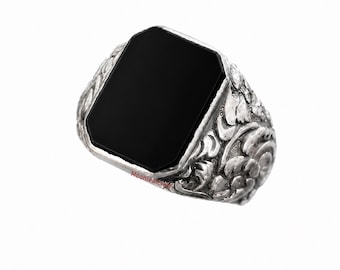 Anillo de sello de ónix negro, plata de ley 925, grabado floral gótico, anillo llamativo de estilo vintage.