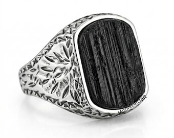 Anillo de sello de plata esterlina con turmalina negra cruda, anillo texturizado llamativo