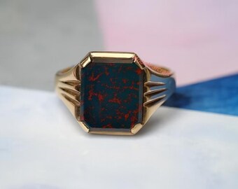 Anillo de sello de heliotropo natural, joyería llamativa de plata de ley chapada en oro