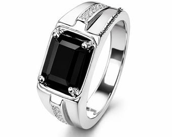 Anillo de ónix negro de plata de ley 925 con corte esmeralda para hombre, joyería hecha a mano.