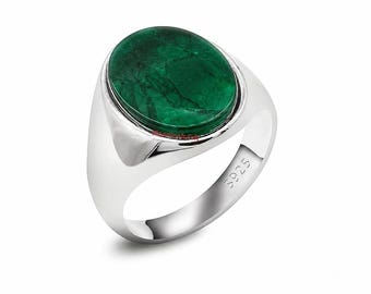 Anillo de sello ovalado de plata de ley con esmeralda verde para hombre, joyería minimalista llamativa.