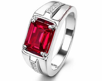 Anillo de plata de ley 925 con rubí rojo y circonita cúbica para hombre, corte cuadrado.
