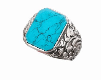 Anillo de sello de plata de ley con turquesa, joyería vintage con grabado floral.