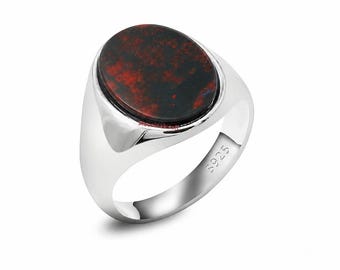 Anillo de sello para hombre con piedra de sangre, gema ovalada de plata de ley, joyería gótica llamativa.