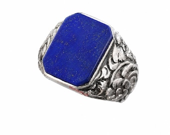Anillo de sello de plata de ley con lapislázuli: joyería vintage con grabado floral.