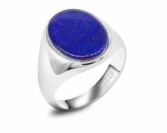 Anillo de sello de lapislázuli, anillo ovalado de plata de ley 925 con gema azul.