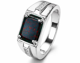 Anillo de piedra de sangre de plata de ley 925 para hombre, anillo llamativo de corte esmeralda, joyería hecha a mano.