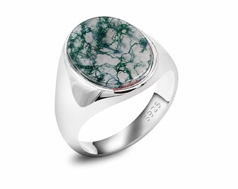 Anillo de sello ovalado de ágata musgosa para hombre, joyería llamativa de plata de ley
