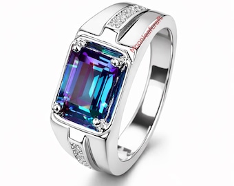 Anillo de alejandrita de plata de ley 925 con corte esmeralda para hombre, regalo llamativo.