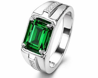 Anillo de turmalina verde para hombre, anillo llamativo de corte esmeralda, regalo de joyería moderna hecha a mano.