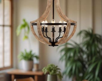 Rustic Wood Chandelier – Farmhouse Pendant Light with Adjustable Chain, Candle-Style Design