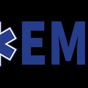 May include: A blue Star of Life symbol and the letters "EMS" in a bold, sans-serif font, set against a black background. The Star of Life is a six-pointed star with a white border, commonly associated with emergency medical services.