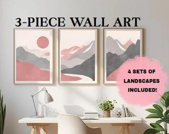 Blush Pink Landscape Art Prints - Set of 4, Modern Geometric (Digital Download)