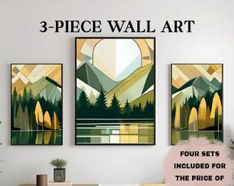 Green & Gold Aspen Forest Wall Art Set: Abstract Geometric Mountain Landscape (Digital Download)