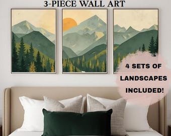Green & Gold Landscape Art Print Set: Minimalist Geometric Decor (Digital Download)