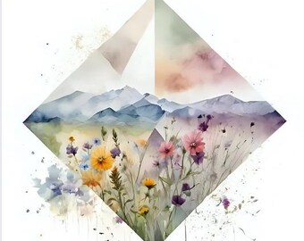 Floral Landscape Watercolor Clip Art: Geometric Nature Images (Digital Download)