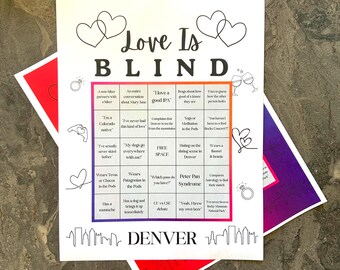 Love Is Blind Denver Bingo Party Game (4 unique cards) white background