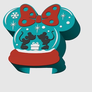 May include: A teal, layered cutout ornament shaped like a mouse head with a red bow. The center features a snow globe design with two black mouse silhouettes facing each other over a white gift box, accented by white snowflakes and stars.