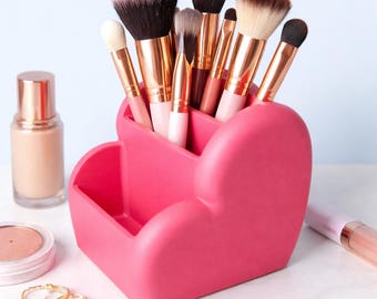 Heart Makeup Brush Holder, Pink Vanity Organizer, Dual Compartment Storage