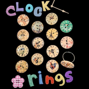 May include: A collection of round buttons featuring various clock face designs, including floral, rooster, and map patterns. The word clock is spelled out in checkered letters at the top, and the word rings is at the bottom with a flower-shaped button.