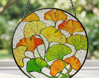 Ginkgo Leaf Stained Glass Suncatcher, Botanical Window Hanging, Gold Yellow Plant Lover Gift, Mother's Day Gift for Grandma, Zen Decor