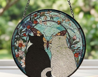Cat Stained Glass Suncatcher, Floral Window Hanging, Cat Lover Gift, Botanical Sun Catcher Decor,Pet Window Hanging