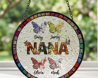 Personalized Nana Glass Suncatcher, Mother's Day Gift for Grandma, Custom Butterfly & Birth Month Flower with Grandkids’ Names, Mom Gifts