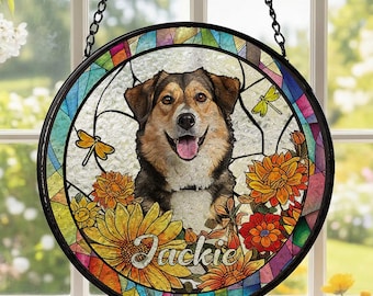 Custom Pet Portrait Stained Glass Suncatcher, Personalized Dog Memorial Window Hanging, Sympathy Gift, Custom Photo Sun Catcher Decor
