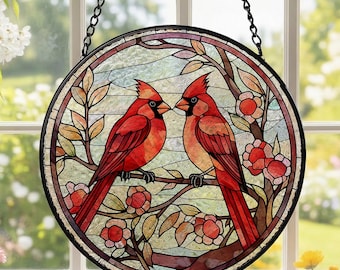 Cardinal Stained Glass Suncatcher, Round Bird Window Hanging, Red Cardinal Sun Catcher, Nature Lover Gift, Floral Home Decor