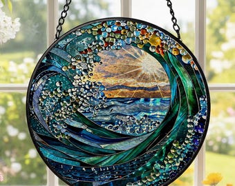 Ocean Wave Stained Glass Suncatcher, Handmade Coastal Beach Window Hanging, Blue Sea Glass Decor for Beach House, Gift for Ocean Lover