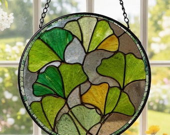 Ginkgo Leaf Stained Glass Suncatcher, Round Botanical Window Hanging, Green Glass Sun Catcher, Nature Lover Gift, Home Decor