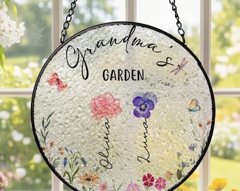 Grandma Garden Floral Suncatcher, Personalized Window Hanging Gift for Grandma, Birth Flower Keepsake, Mother's Day Decor for Nana