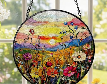 Wildflowers Stained Glass Suncatcher,Floral Window Hanging Decor,Personalized Sun Catcher Gift for Mom Grandma,Florist Gift for Flower Lover