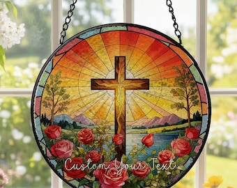 Personalized Stained Glass Cross Suncatcher, Wildflower Christian Window Hanging, Religious Faith Decor, Christmas Gift for Mom Her