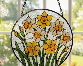 Stained Glass Daffodil Suncatcher, Yellow Narcissus Floral Window Hanging, Spring Garden Decor, Birthday Gift for Mom, Glass Art