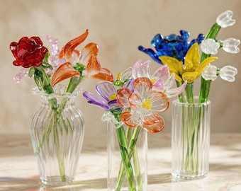 Personalized Birth Month Glass Flowers, Mini Glass Bouquet With Vase, Mini Floral Gift for Mom Grandma Her, Mother's Day gift, Birthday gift