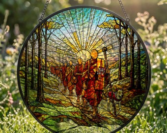 Walk for Peace Suncatcher, Buddhist Monks Sunrise Window Hanging, Zen Compassion Stained Glass Art, Meditation Gift, Peace Home Decor