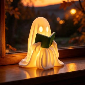 May include: A glowing, off-white ghost-shaped lamp with a smooth, rounded form and two oval eye cutouts. The figure is holding an open, solid green book in its hands, emitting a soft, warm light from within its translucent, draped body structure.