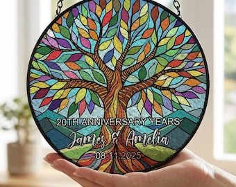 Personalized Tree of Life Anniversary Suncatcher, Custom 20th Anniversary Stained Glass Gift, Wedding Gift for Parents, Name Date Keepsake