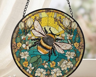Stained Glass Bee Suncatcher, Honey Bee Window Hanging, Nature Inspired Sun Catcher, Garden Gift for Mom Bee Lover,Mother's Day Gift