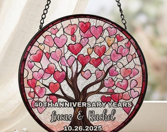Personalized Tree of Life Anniversary Suncatcher With Name & Date, Custom 40th Wedding Anniversary Stained Glass Gift For Parents