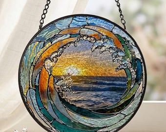 Solfångare i målat glas med havsvågor, handgjord fönsterhänge i kustnära strand, strandhusdekor, födelsedagspresent till mamma