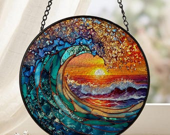Beach Sunrise Suncatcher, Ocean Wave Window Hanging, Stained Glass Coastal Sun Catcher, Beach House Decor, Nautical Gift for Her