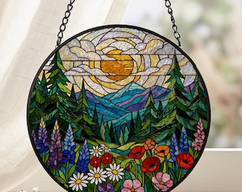 Forest Mountain Stained Glass Suncatcher, Nature Window Hanging, Handmade Glass Decor, Birthday Gift for Mom, Mother’s Day Gift