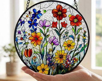 Wildflower Stained Glass Suncatcher, Floral Window Hanging Gift For Mom, Botanical Garden Decor, Colorful Glass Art,Gift for Mom