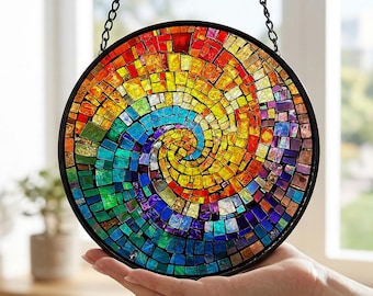 Rainbow Spiral Suncatcher, Mosaic Glass Window Hanging, Boho Rainbow Maker, Spring Home Decor, Gift for Mom Grandma