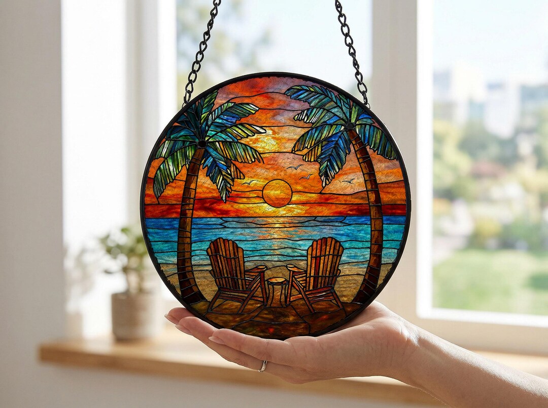Beach Palm Tree Suncatcher, Stained Glass Window Hanging, Chasing ...